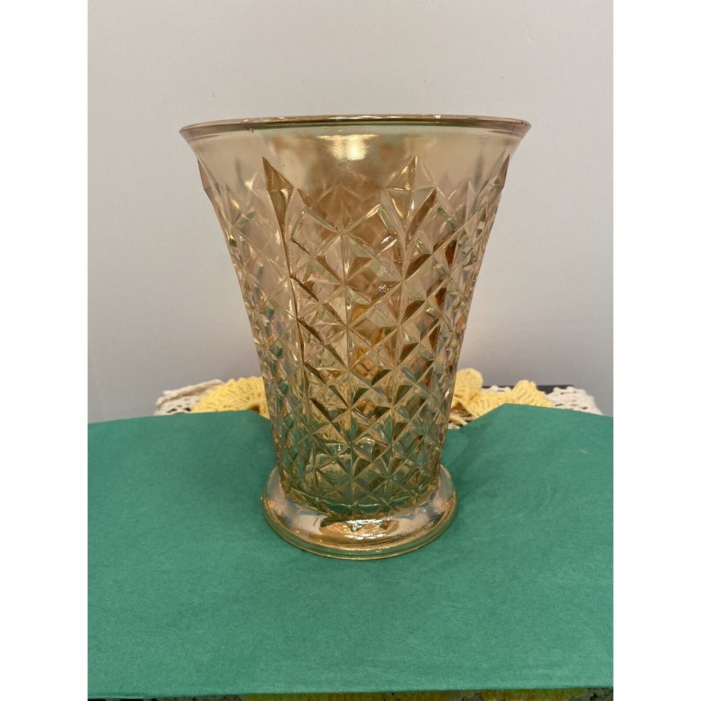 VTG DEPRESSION GLASS MARIGOLD IRIDESCENT CARNIVAL VASE 7" DIAMOND CUT Pattern